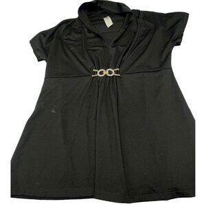 short sleeve black shirt blouse v-neck umpire bust embellished Medium READ